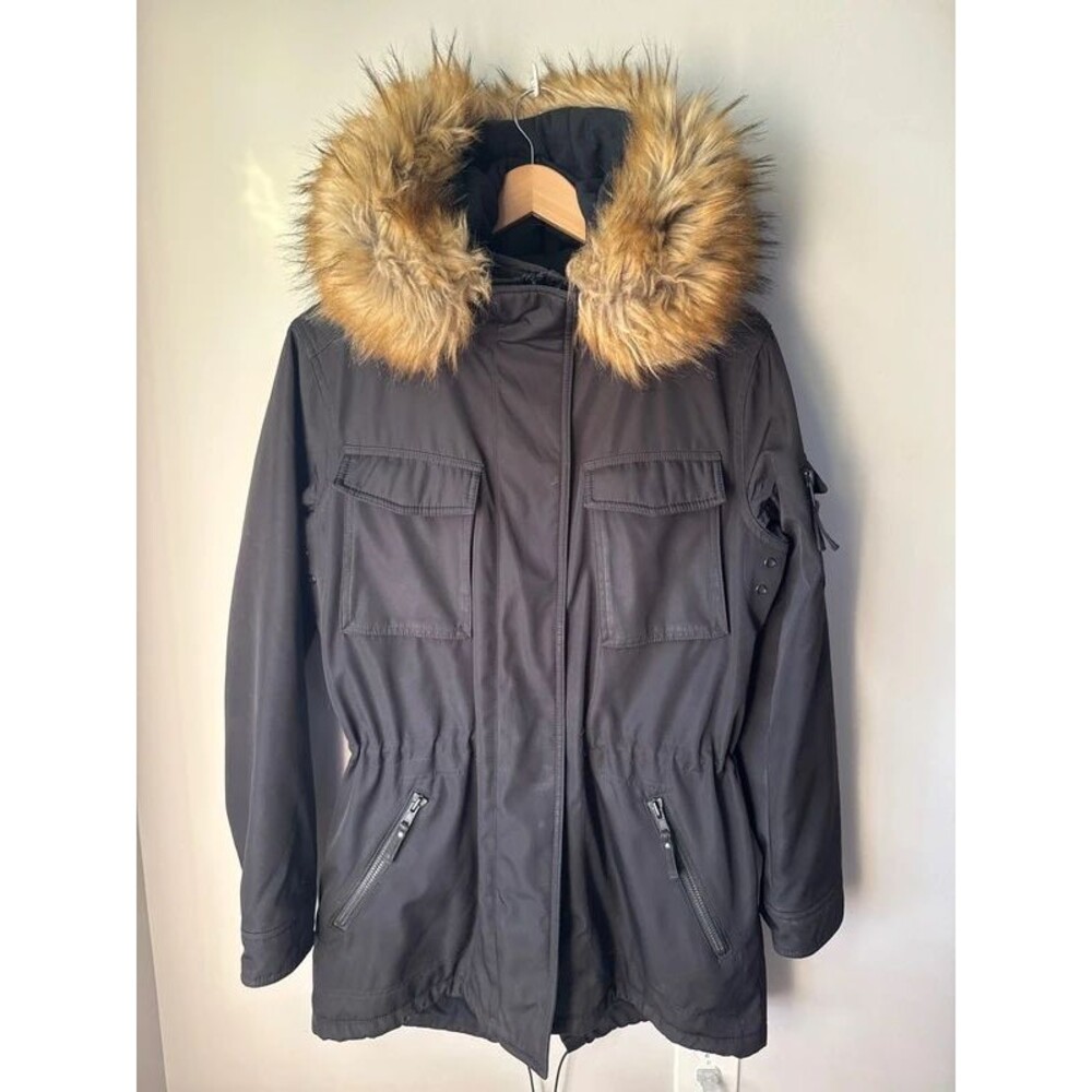 S13 New York Anorak Jacket Black Faux Fur Hood Large